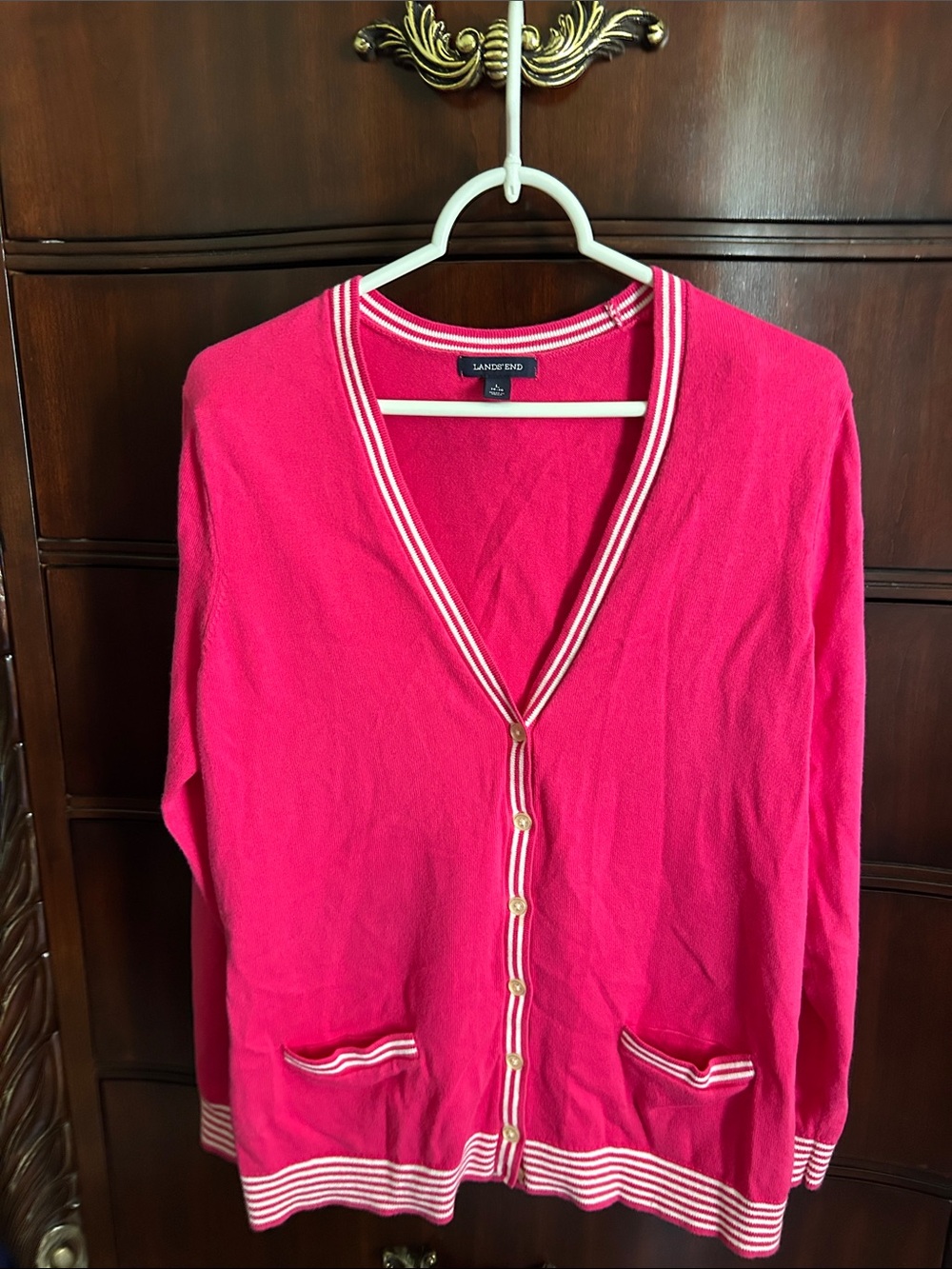 Lands' End Hot Pink V-Neck Striped-Trim Button Cardigan